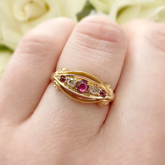 Amelia 18k Edwardian Ruby and Diamond Boat Ring Peach and Willow