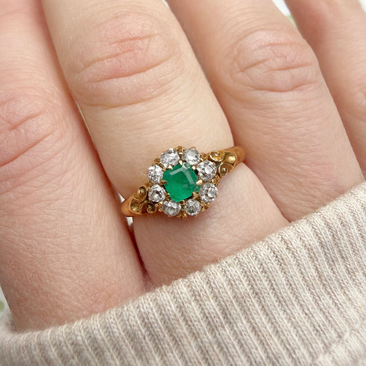 Calliope 18k Edwardian Asscher Cut Emerald & Diamond Cluster Ring