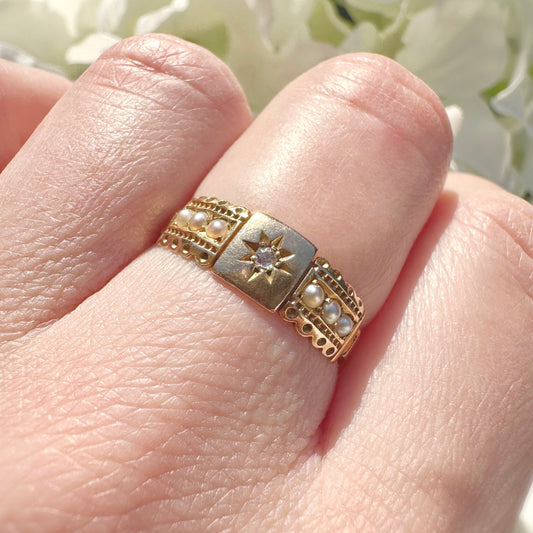15ct gold victorian antique diamond and pearl starburst ring