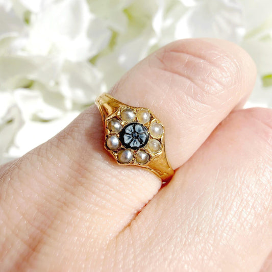 Lenore 18k Victorian Seed Pearl & Sardonyx Forget Me Not Ring