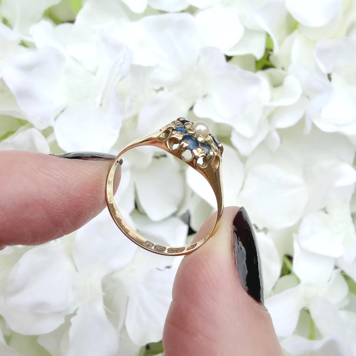Ebba 15k Victorian Sapphire and Pearl Cluster Ring