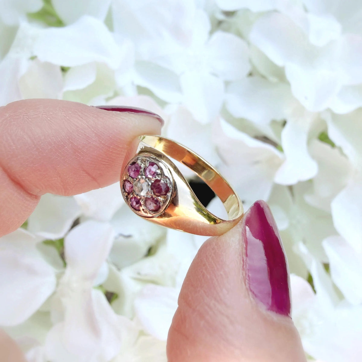 Josephine Antique 18k Gold Rose Cut Diamond and Ruby Ring