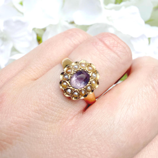 Alice 18k Victorian Amethyst and Pearl Ring
