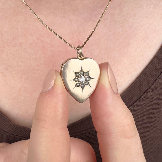 9ct Gold Antique Pearl and Diamond Heart Locket