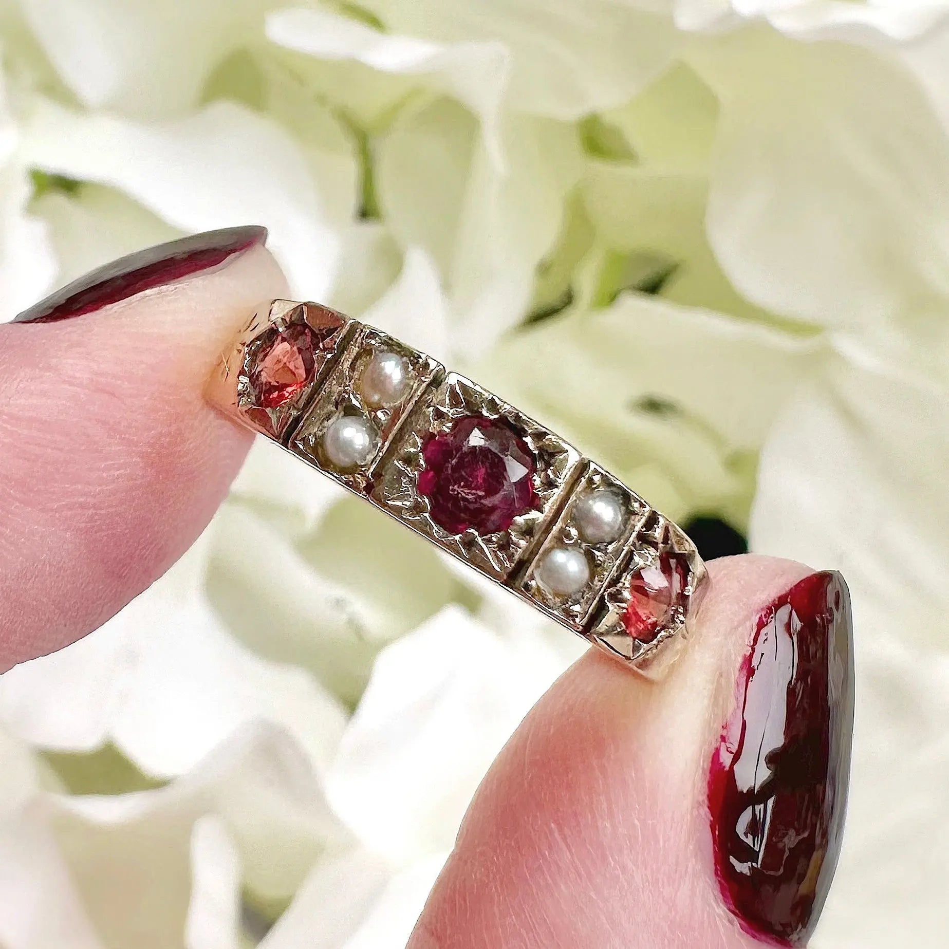 Rowena 9ct Garnet Pearl Starburst Ring Peach and Willow