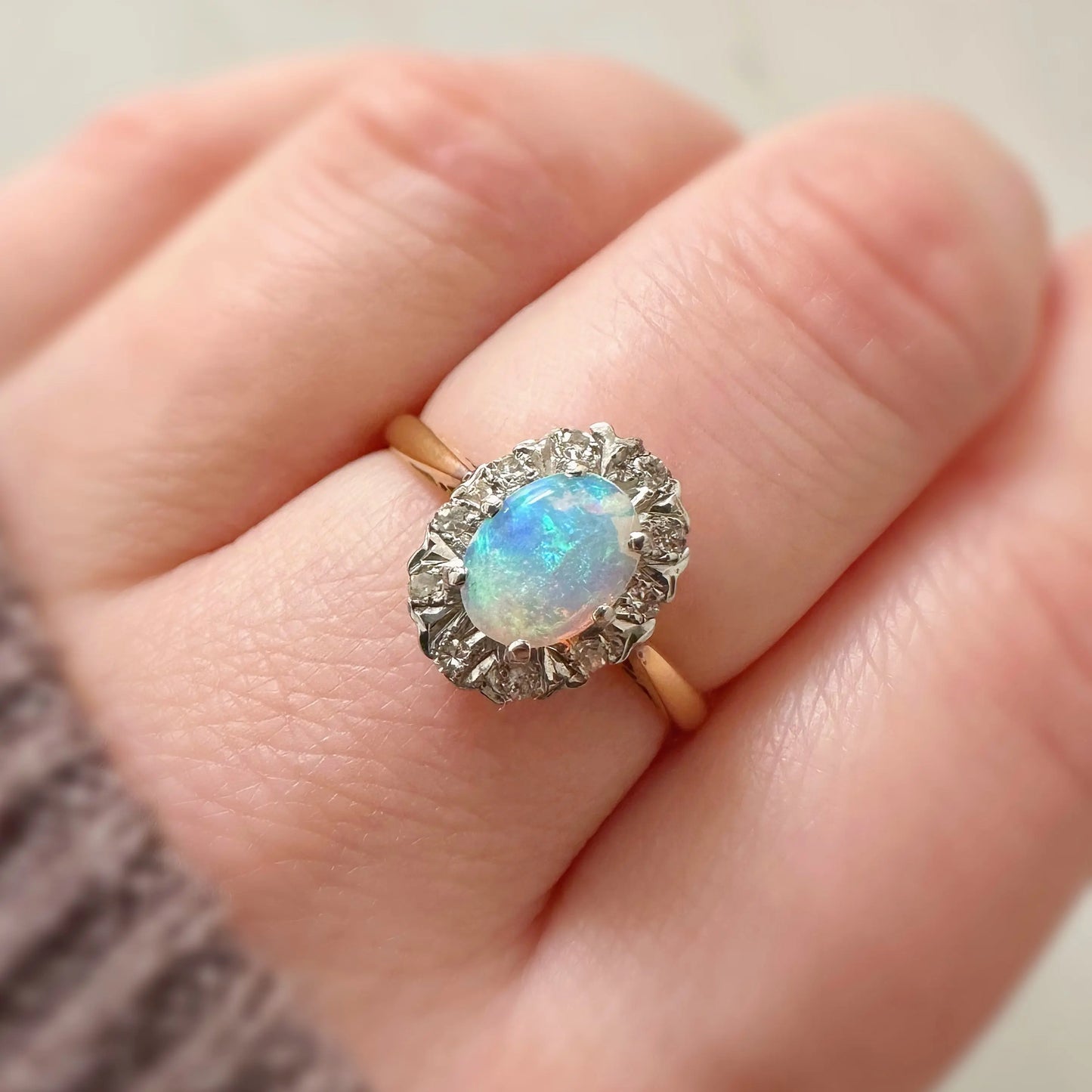 Rosalie 18ct Gold Opal and Diamond Halo Ring Peach and Willow