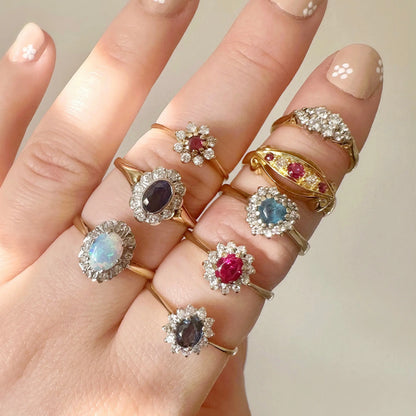 Amelia 18k Edwardian Ruby and Diamond Boat Ring Peach and Willow