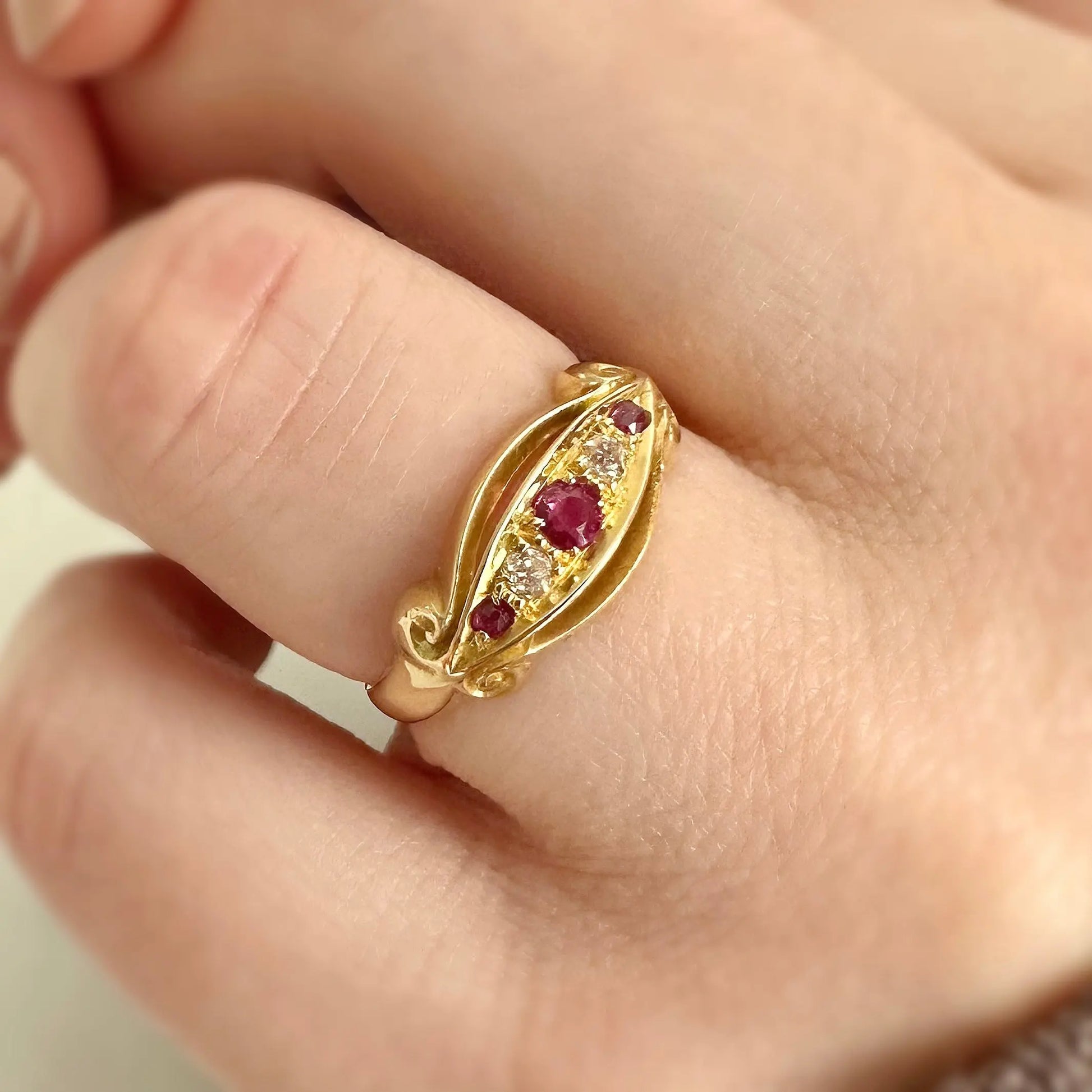 Amelia 18k Edwardian Ruby and Diamond Boat Ring Peach and Willow