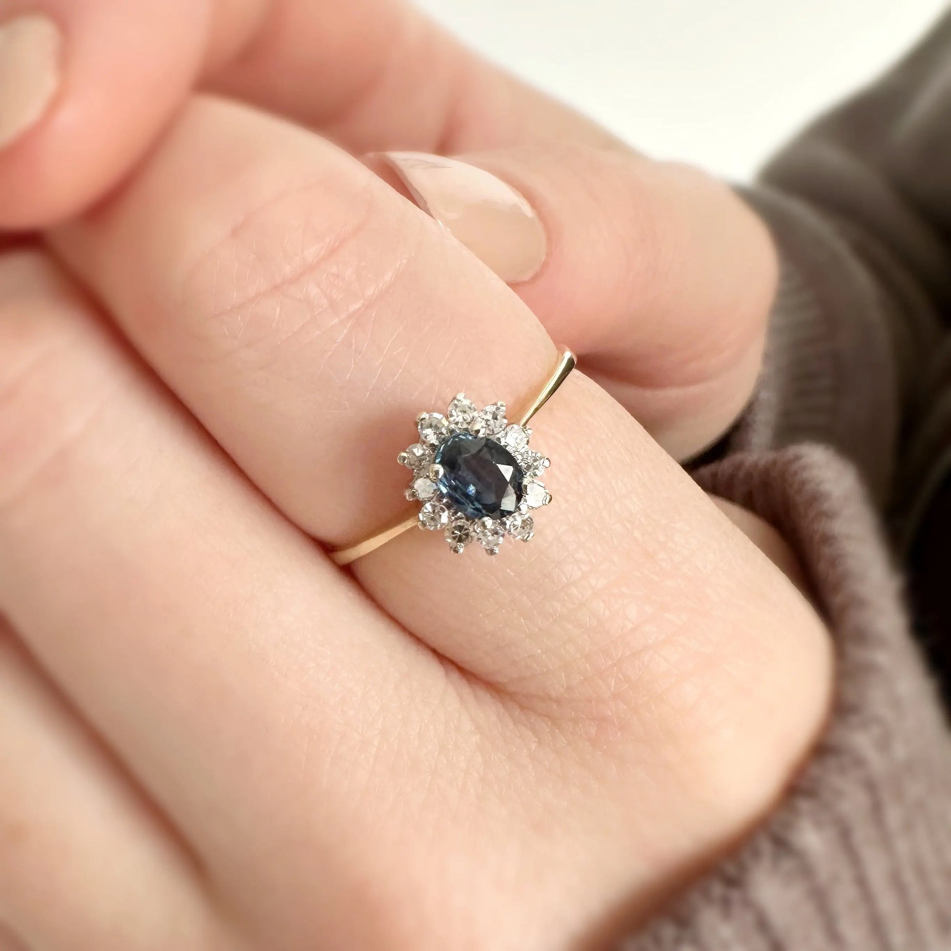 Valerie Diamond and Sapphire Cluster Ring Peach and Willow