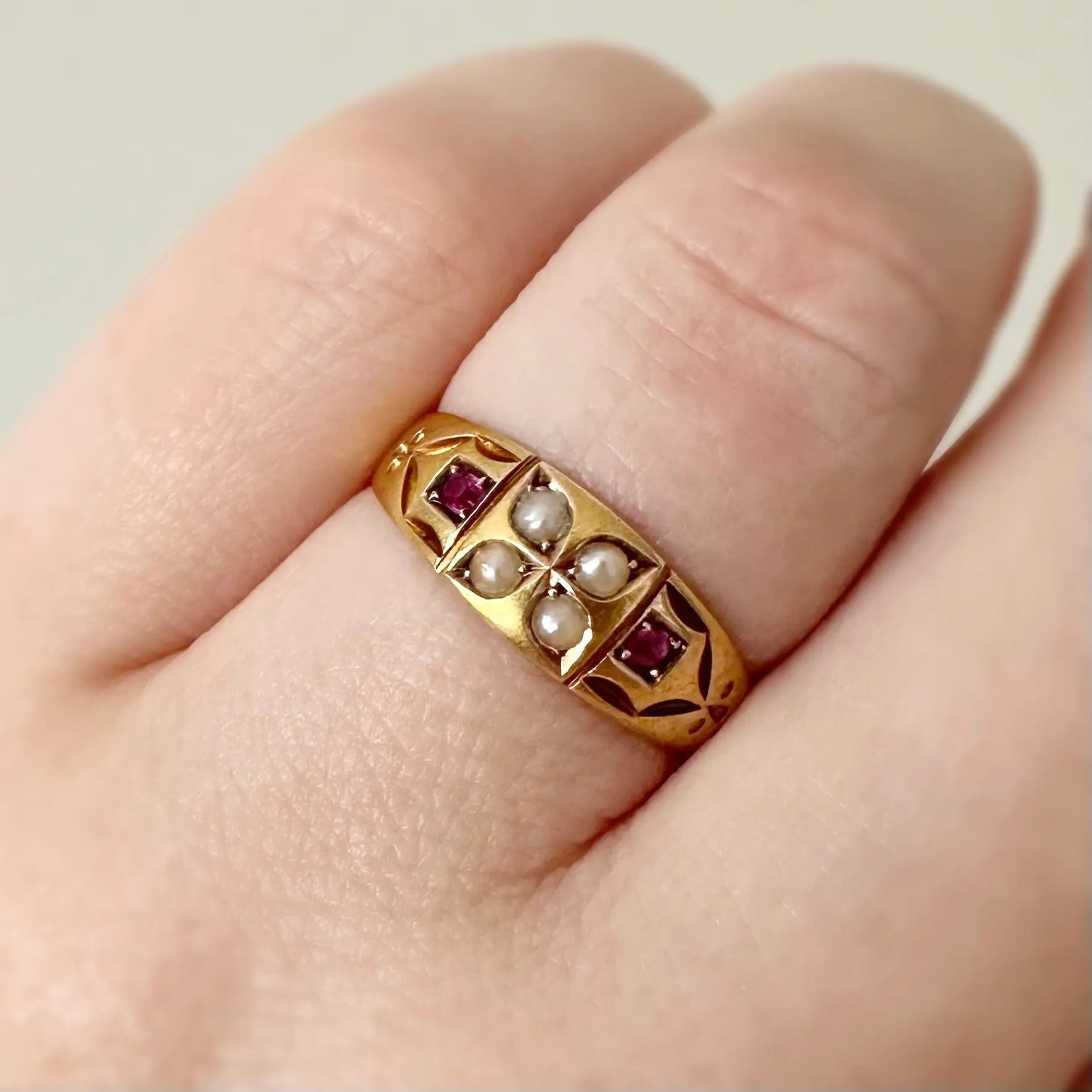 Frances Victorian Ruby and Seed Pearl Ring Peach and Willow