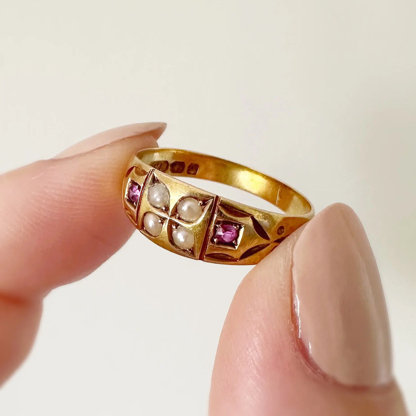 Frances Victorian Ruby and Seed Pearl Ring Peach and Willow