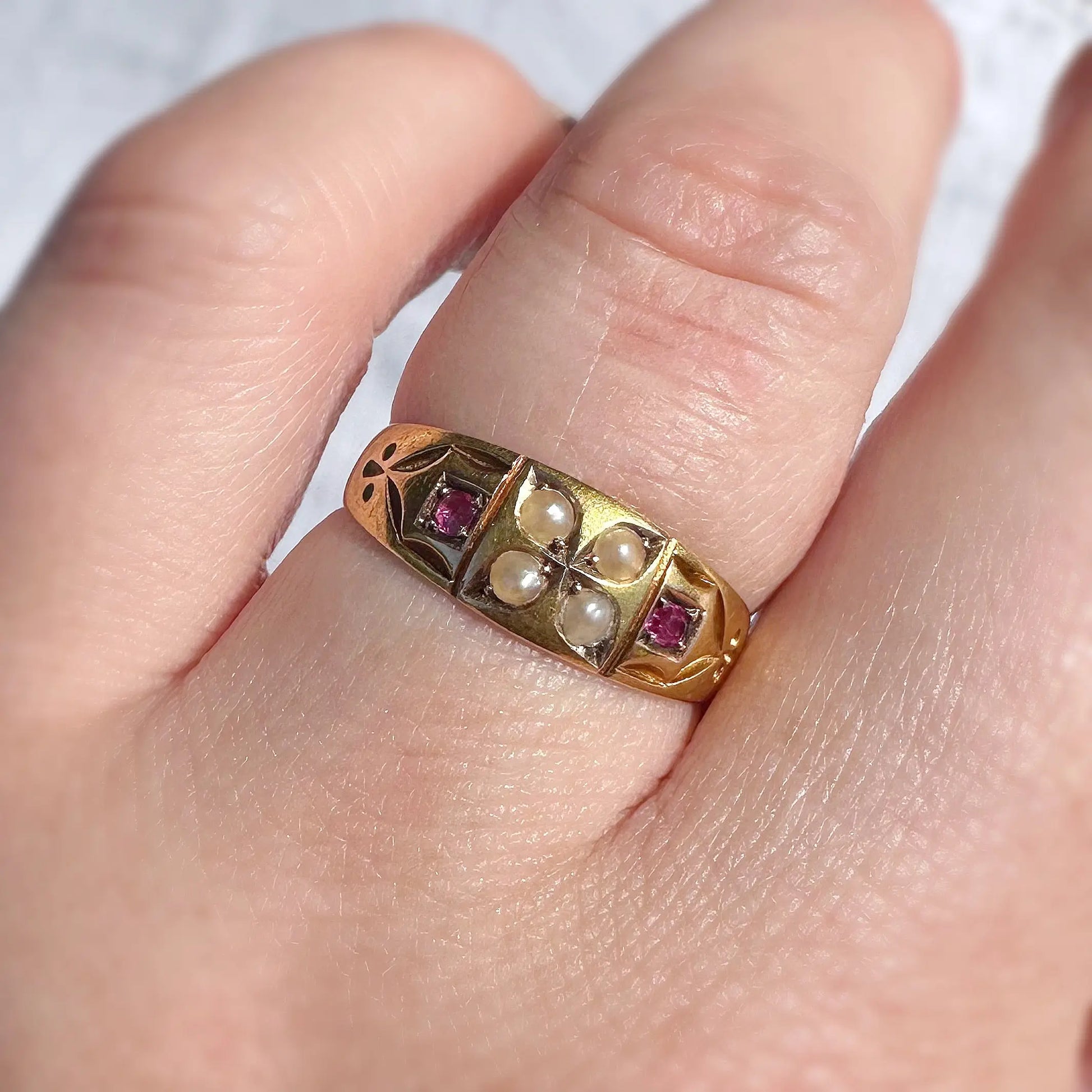 Frances Victorian Ruby and Seed Pearl Ring Peach and Willow