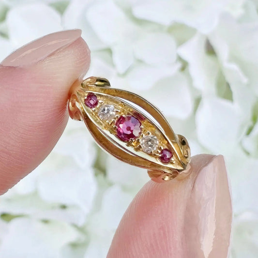 Amelia 18k Edwardian Ruby and Diamond Boat Ring Peach and Willow