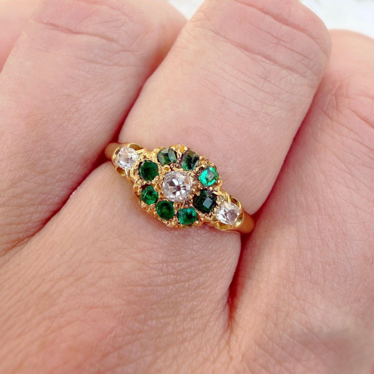 Edie 18k Gold Edwardian Emerald & Diamond Cluster Ring