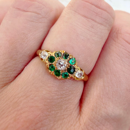 Edie 18k Gold Edwardian Emerald & Diamond Cluster Ring