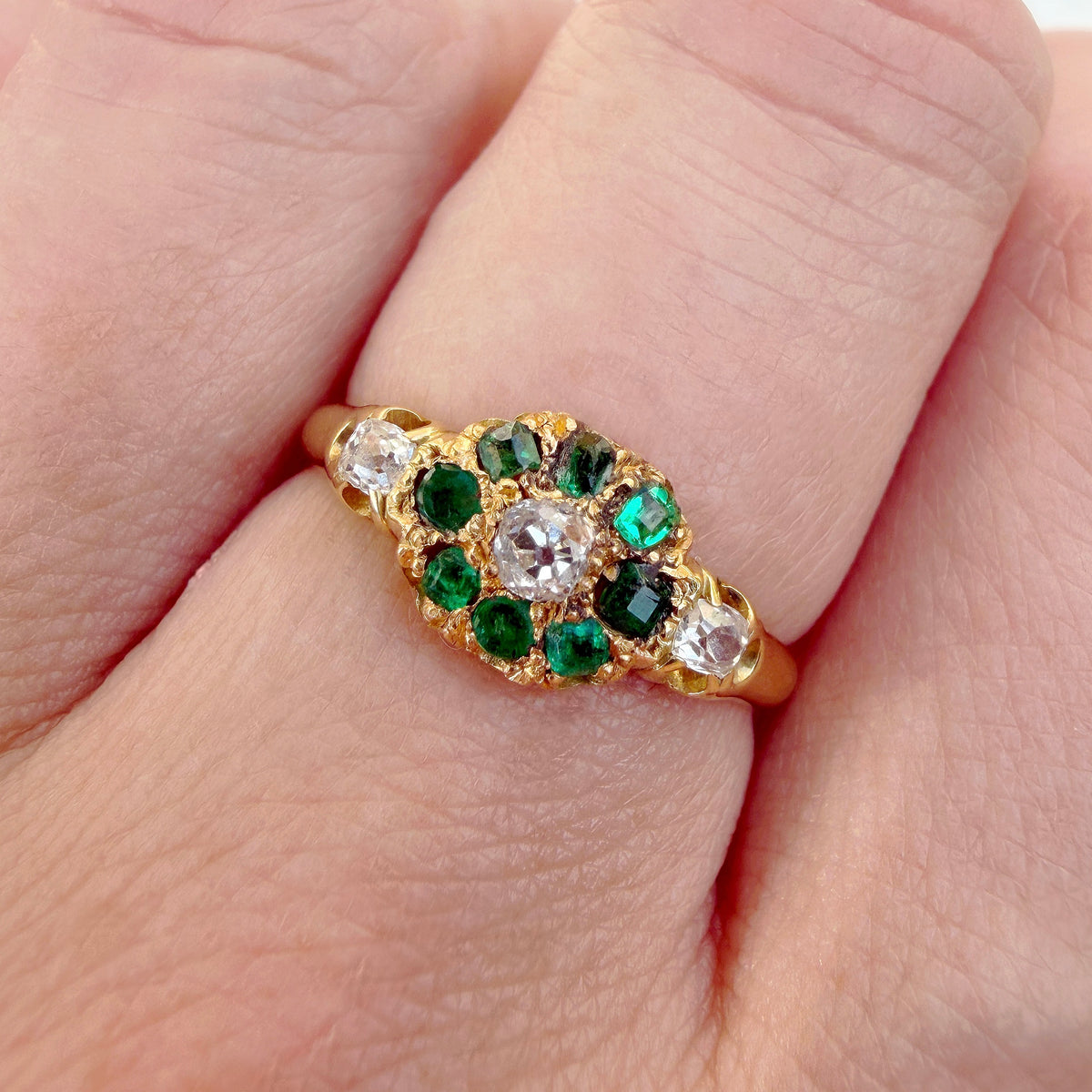 Edie 18k Gold Edwardian Emerald & Diamond Cluster Ring