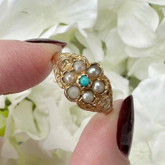 Viola 9k Antique Turquoise Pearl Ring Peach and Willow