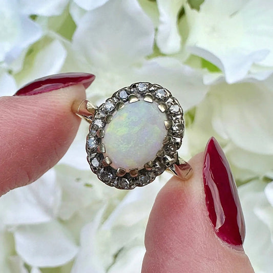 Clara 9ct Opal and Diamond Vintage Halo Ring Peach and Willow