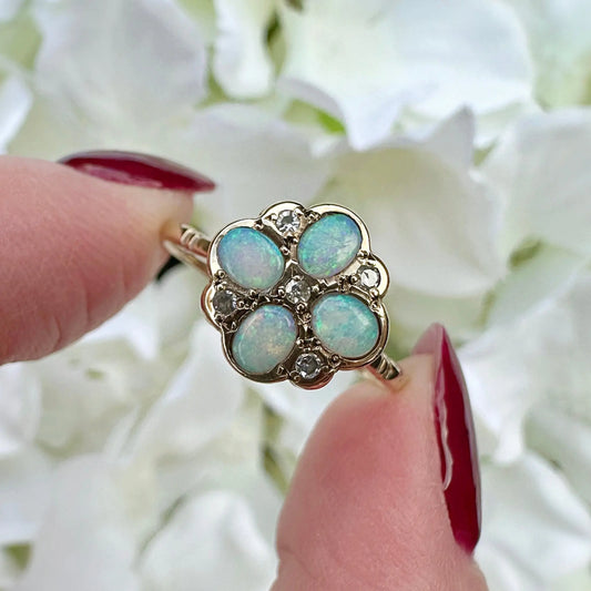 Millicent 9ct Opal and Diamond Flower Cluster Peach and Willow