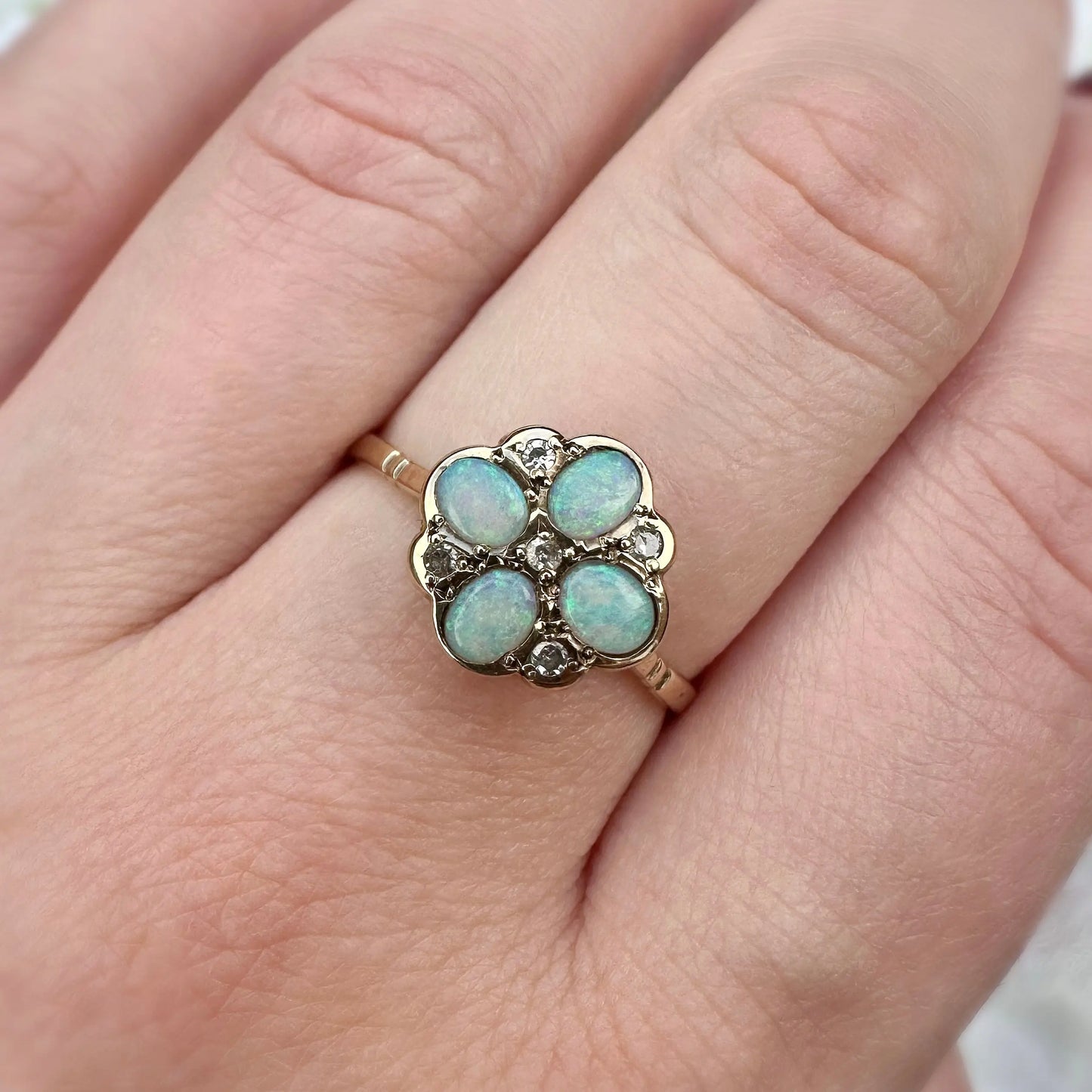 Millicent 9ct Opal and Diamond Flower Cluster Peach and Willow