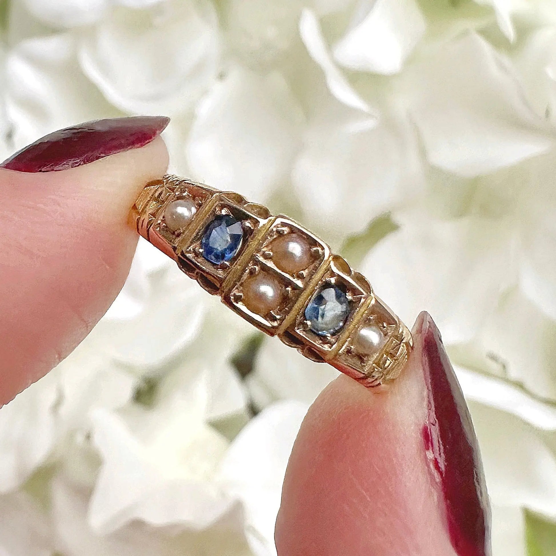 Agnes 15ct Sapphire and Pearl Edwardian Ring Peach and Willow