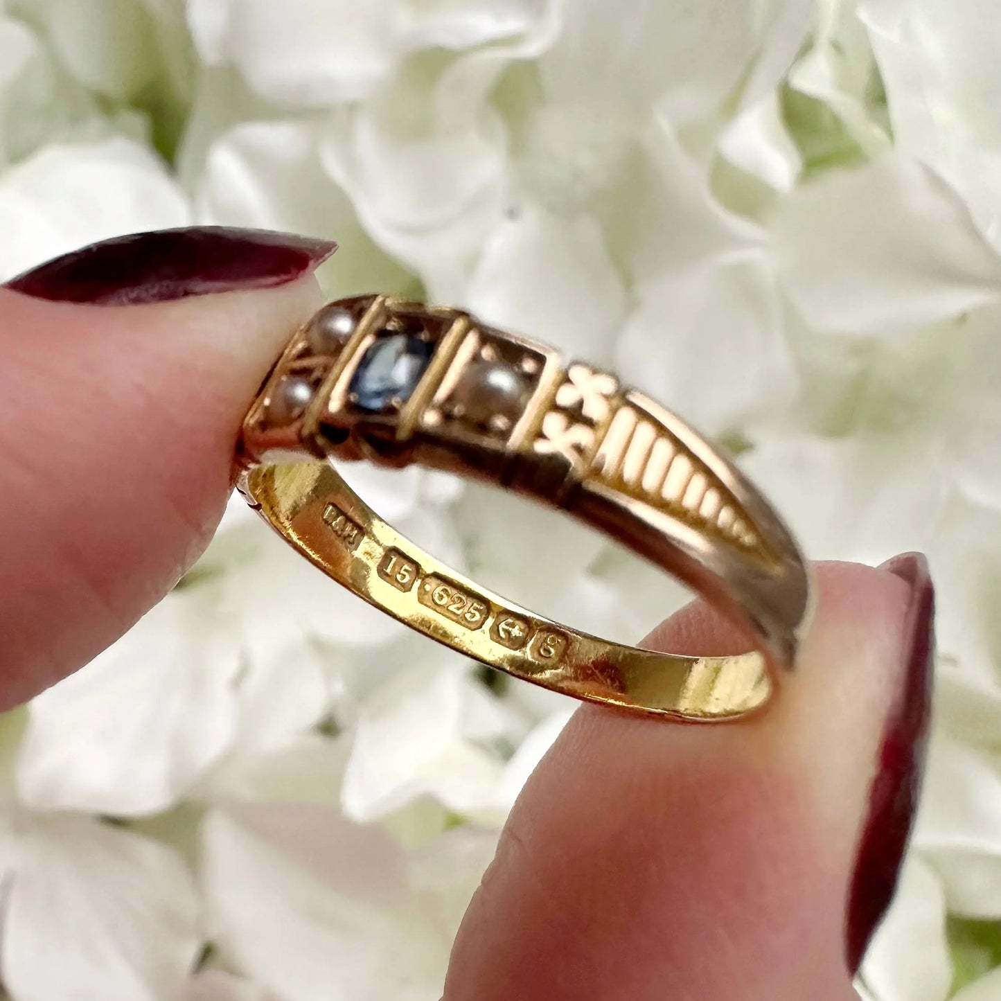 Agnes 15ct Sapphire and Pearl Edwardian Ring Peach and Willow