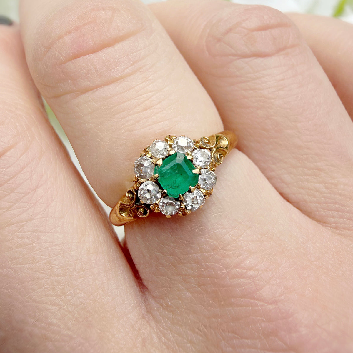 Calliope 18k Edwardian Asscher Cut Emerald & Diamond Cluster Ring