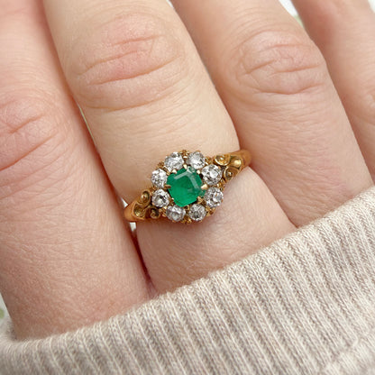 Calliope 18k Edwardian Asscher Cut Emerald & Diamond Cluster Ring