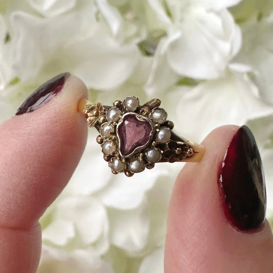 Venus Victorian Seed Pearl and Pink Garnet Ring Peach and Willow