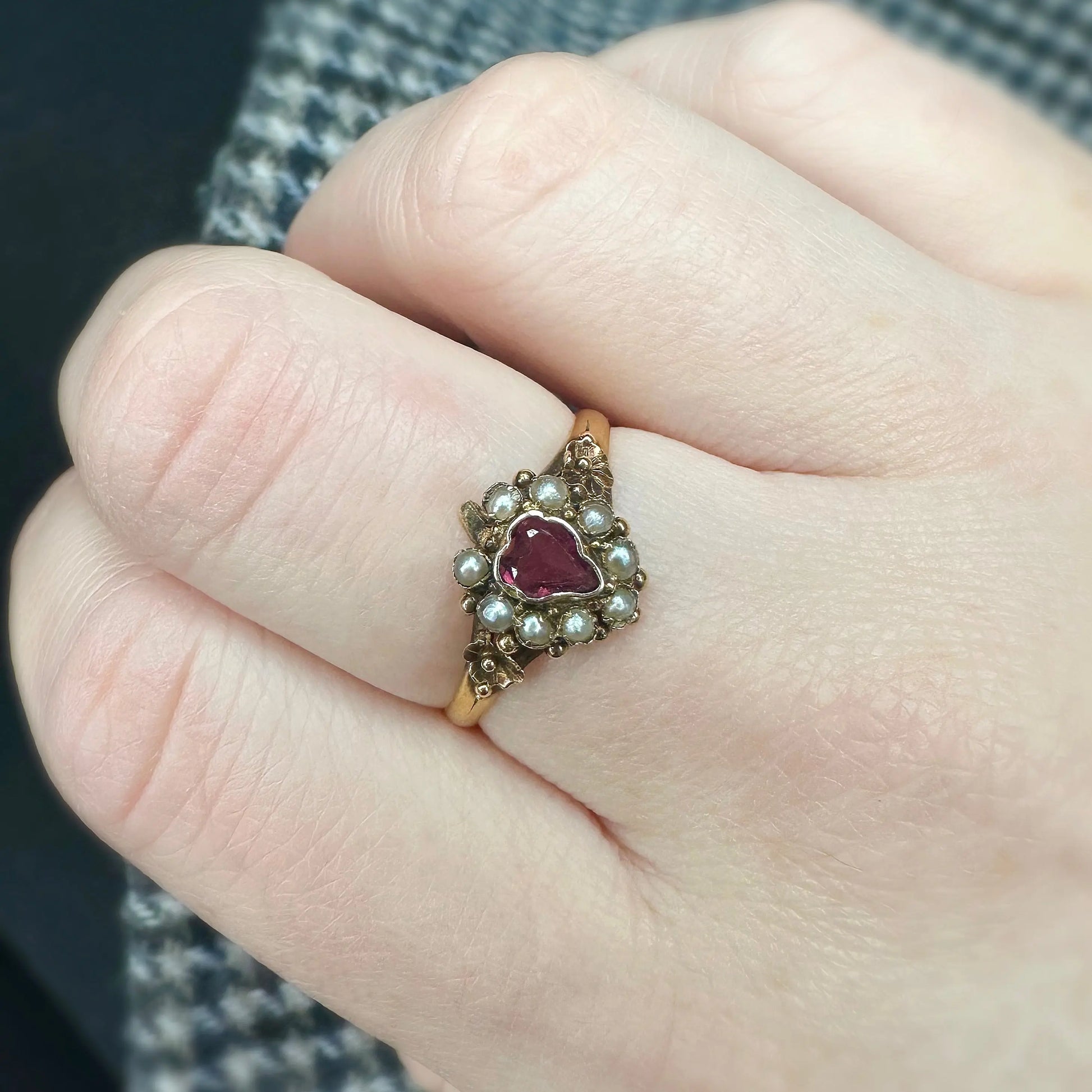 Venus Victorian Seed Pearl and Pink Garnet Ring Peach and Willow
