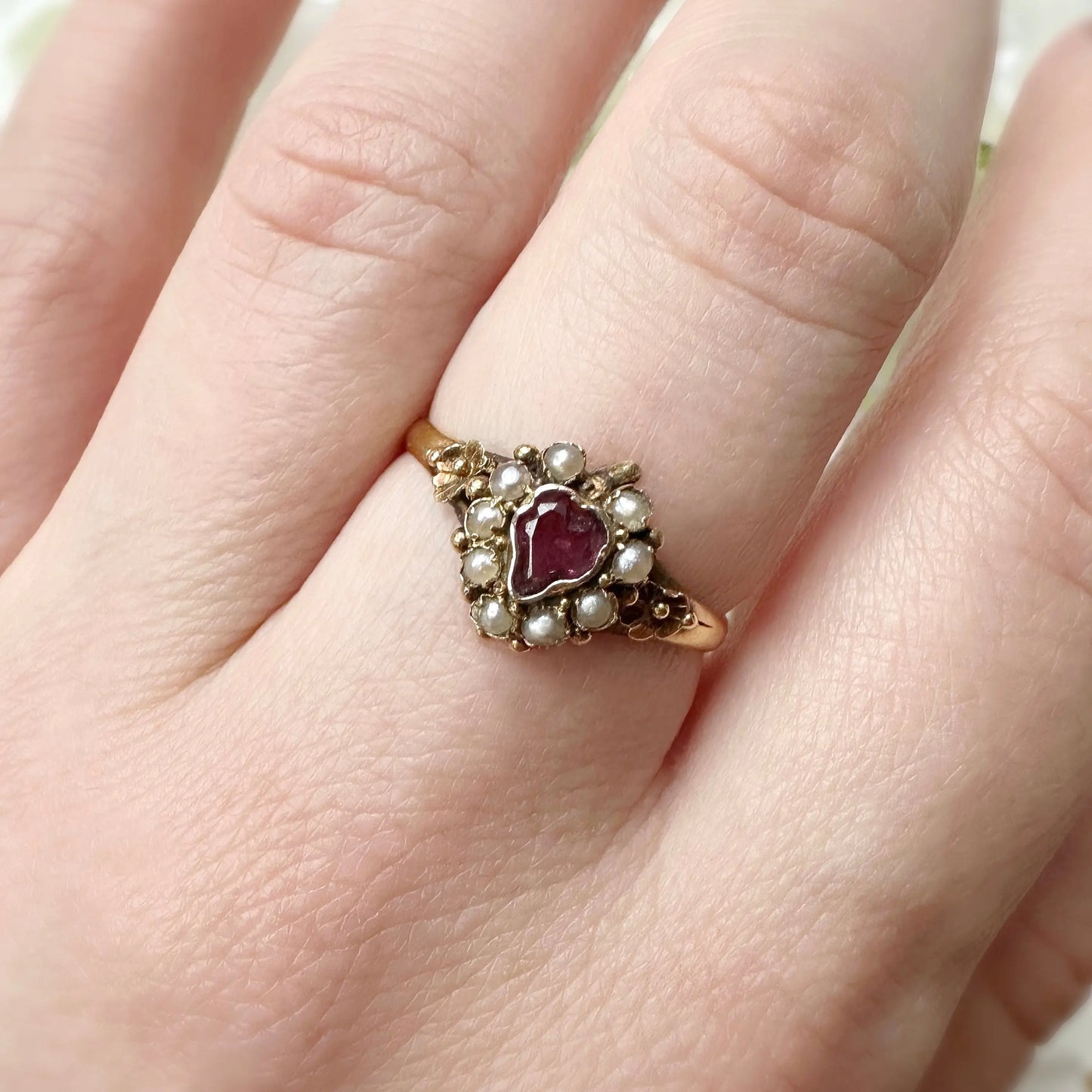 Venus Victorian Seed Pearl and Pink Garnet Ring Peach and Willow