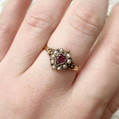 Venus Victorian Seed Pearl and Pink Garnet Ring Peach and Willow