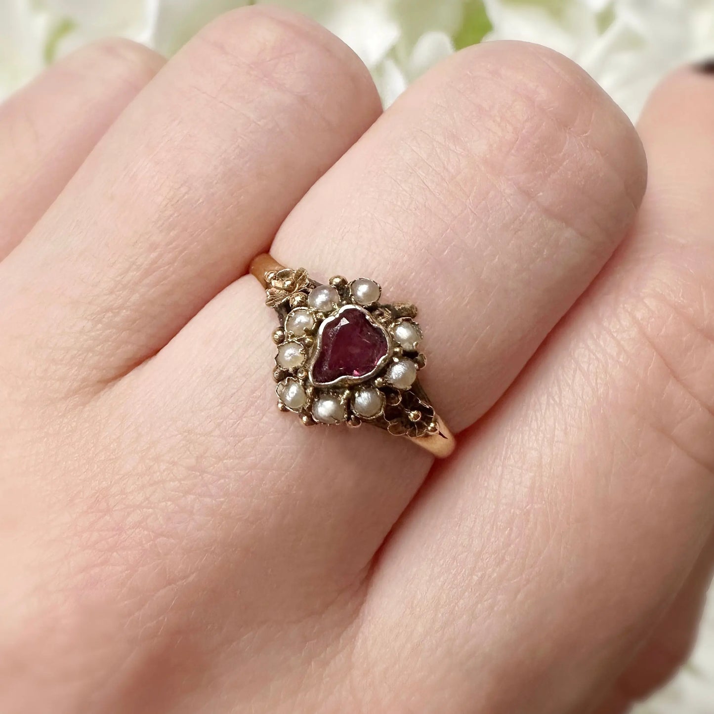 Venus Victorian Seed Pearl and Pink Garnet Ring Peach and Willow