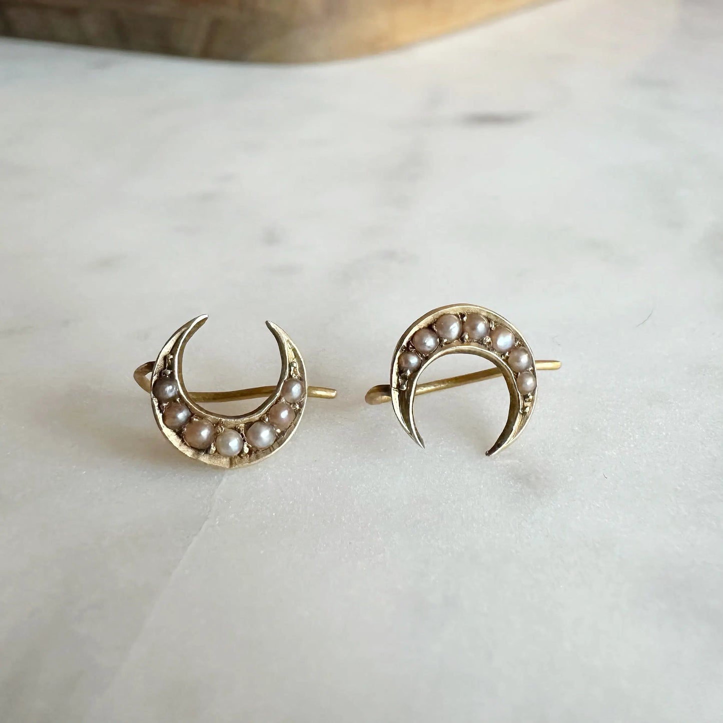 Marie 15ct Victorian Crescent Moon Pearl Earrings Peach and Willow