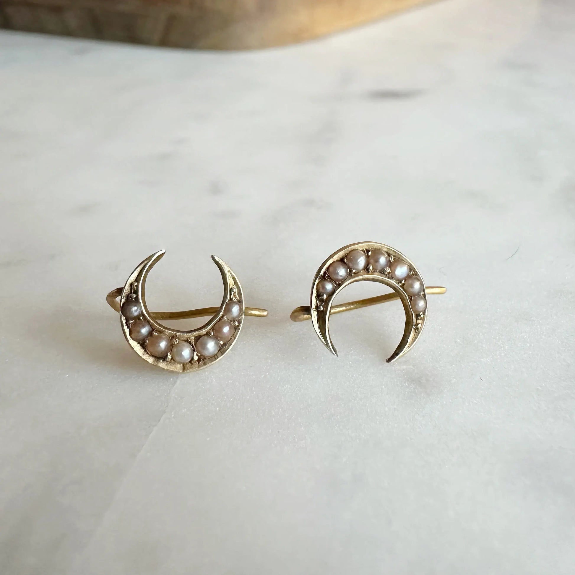 Marie 15ct Victorian Crescent Moon Pearl Earrings Peach and Willow