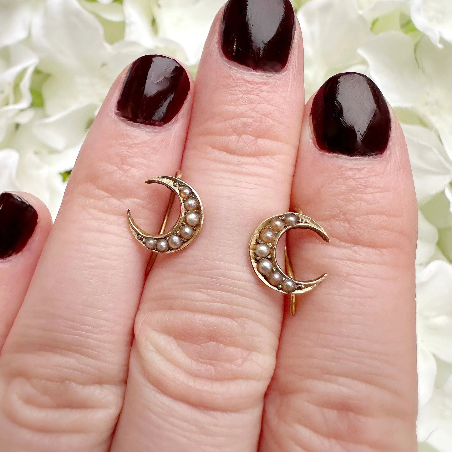 Marie 15ct Victorian Crescent Moon Pearl Earrings Peach and Willow