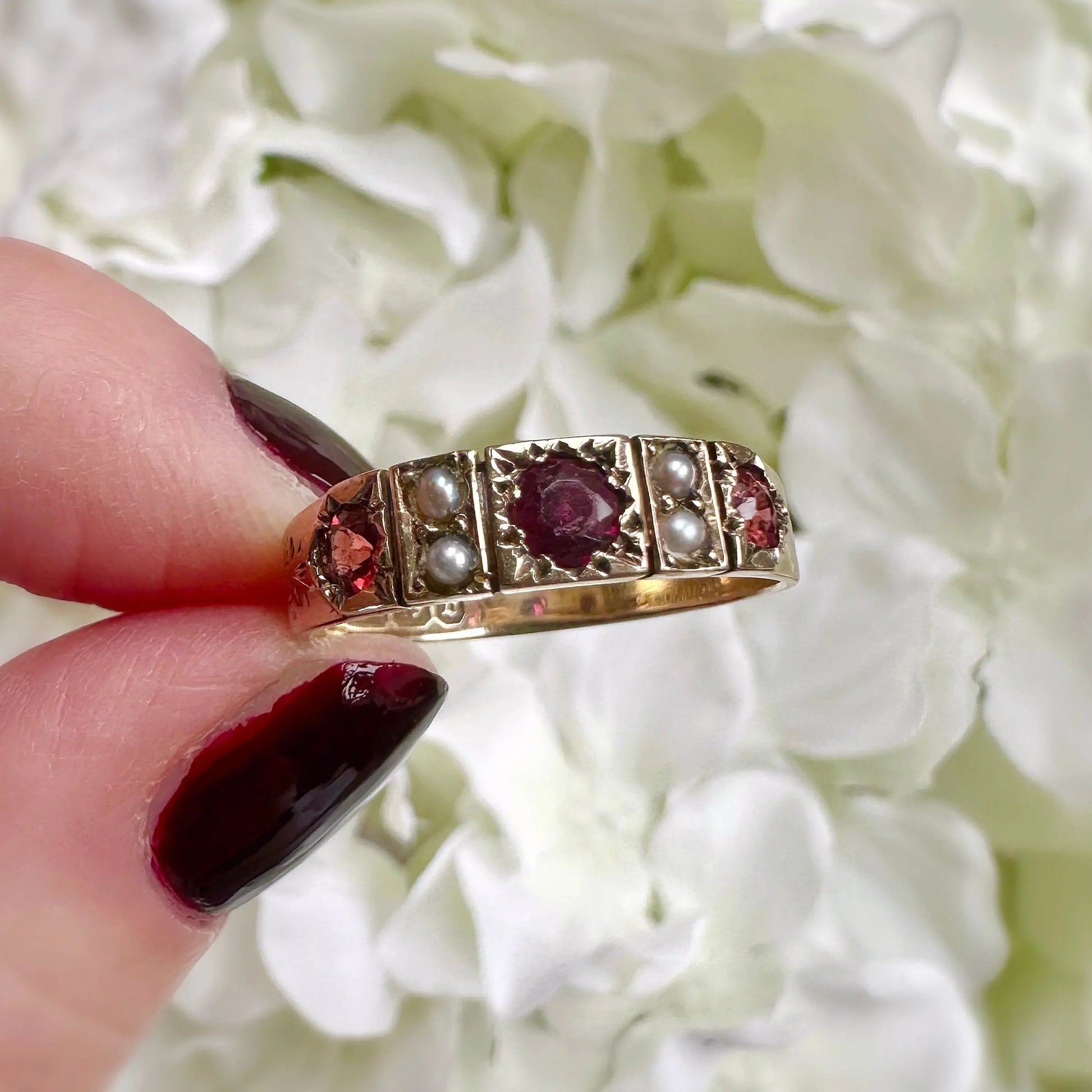 Rowena 9ct Garnet Pearl Starburst Ring Peach and Willow