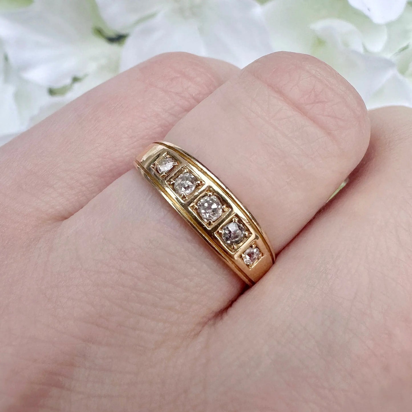 Cecile 18ct Victorian Diamond Five Stone Band Ring Peach and Willow