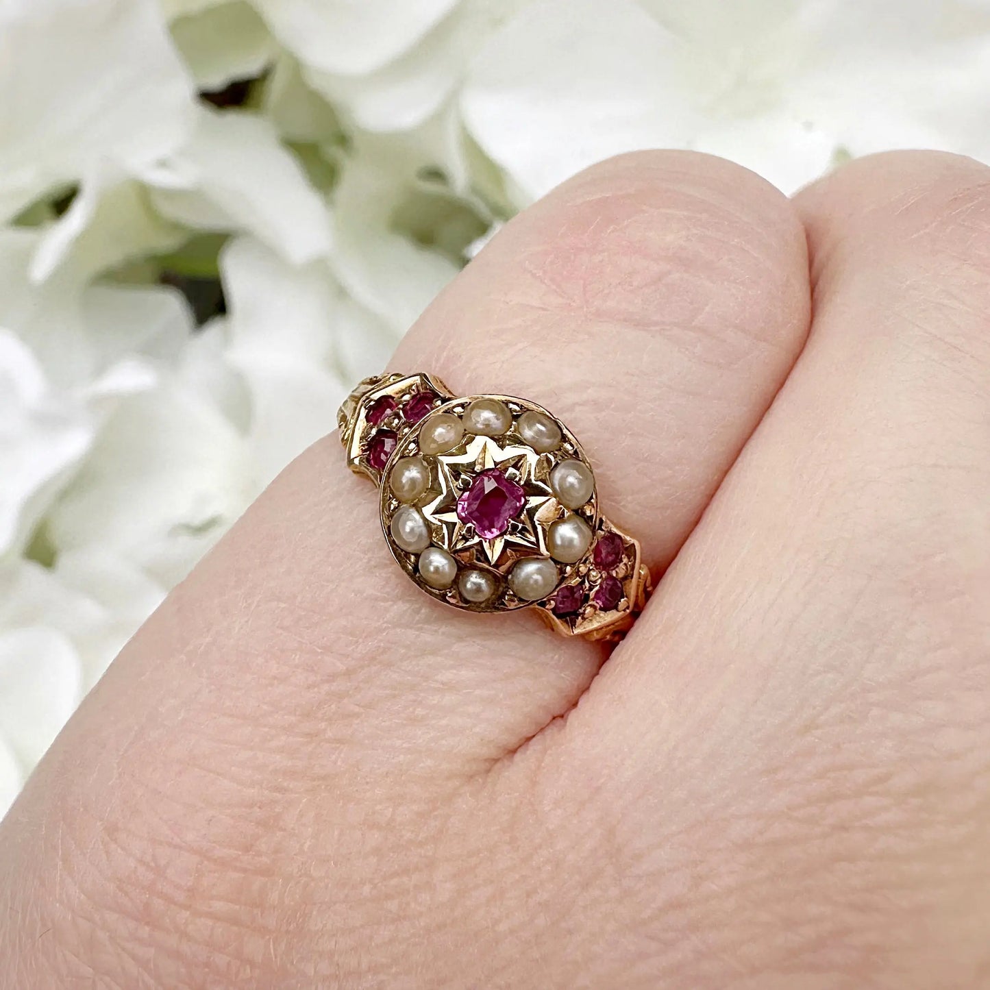 Florence 15ct Victorian Ruby and Pearl Starburst Ring Peach and Willow