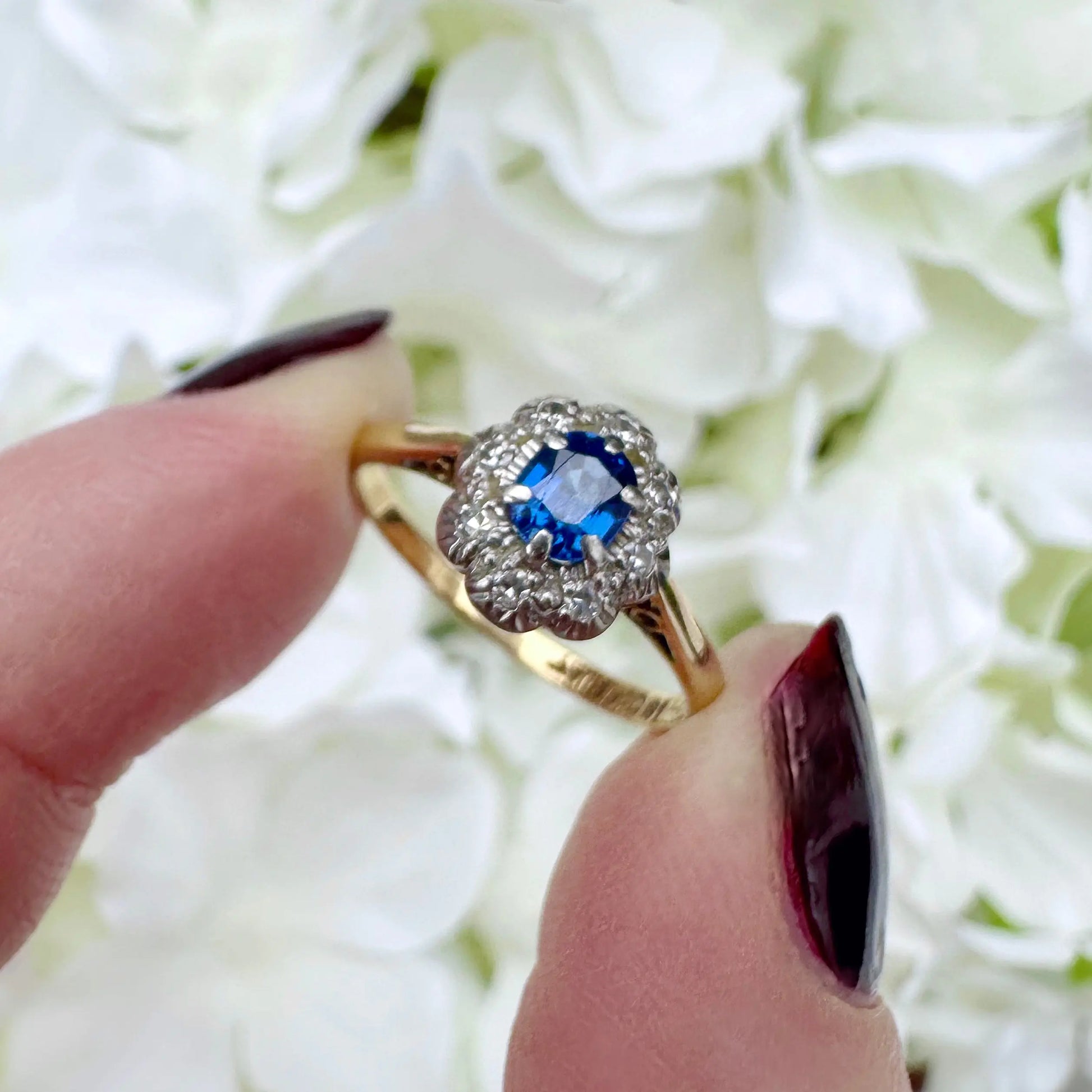 Annalise 18ct Gold Vintage Sapphire and Diamond Cluster Ring Peach and Willow