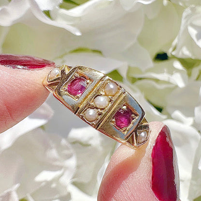 Ethel 18ct Gypsy Ruby and Seed Pearl Victorian Ring