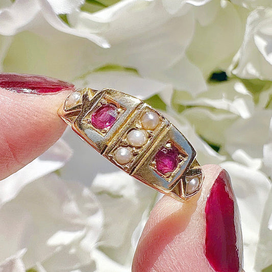 Ethel 18ct Gypsy Ruby and Seed Pearl Victorian Ring