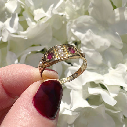 Ethel 18ct Gypsy Ruby and Seed Pearl Victorian Ring