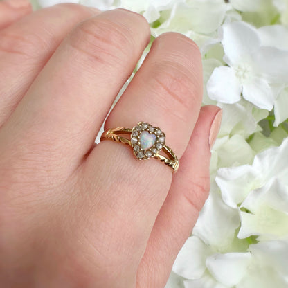 antique 18ct gold Edwardian opal heart and diamond chip ring
