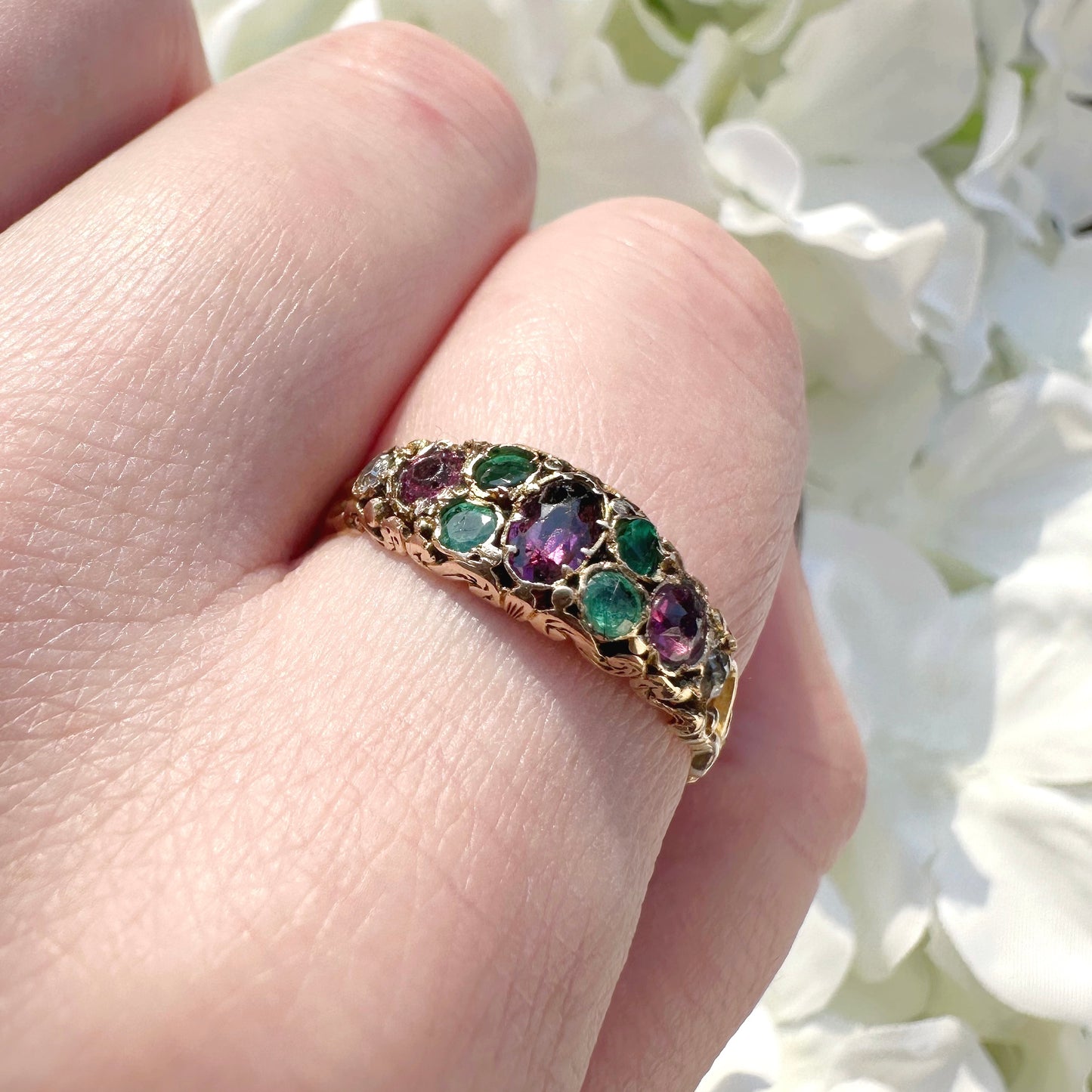 emerald diamond garnet and paste victorian antique ring 18ct 18k gold