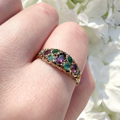 emerald diamond garnet and paste victorian antique ring 18ct 18k gold