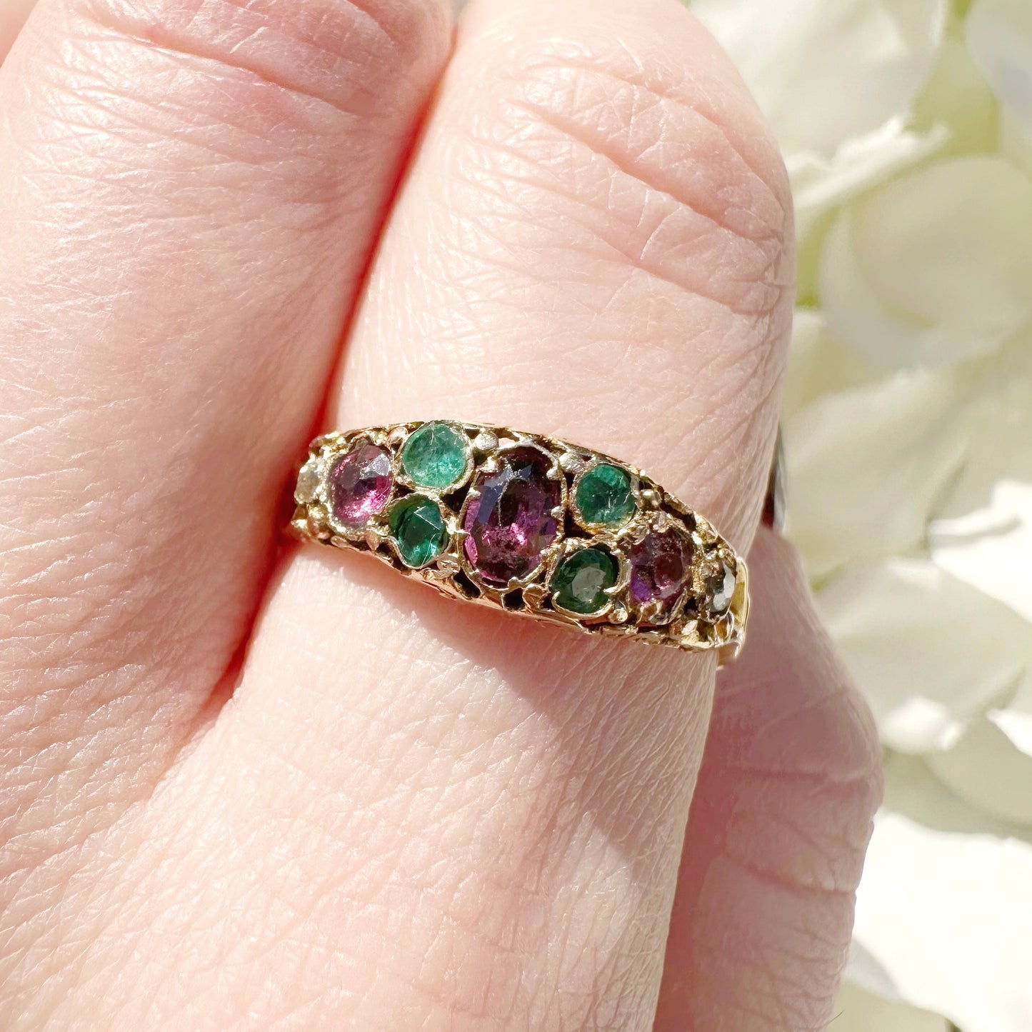 emerald diamond garnet and paste victorian antique ring 18ct 18k gold