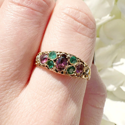 emerald diamond garnet and paste victorian antique ring 18ct 18k gold