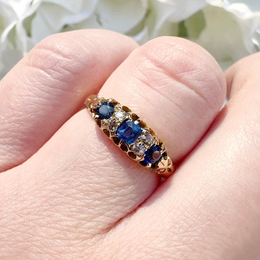 antique sapphire and diamond victorian 18ct yellow gold gemstone ring size L 6