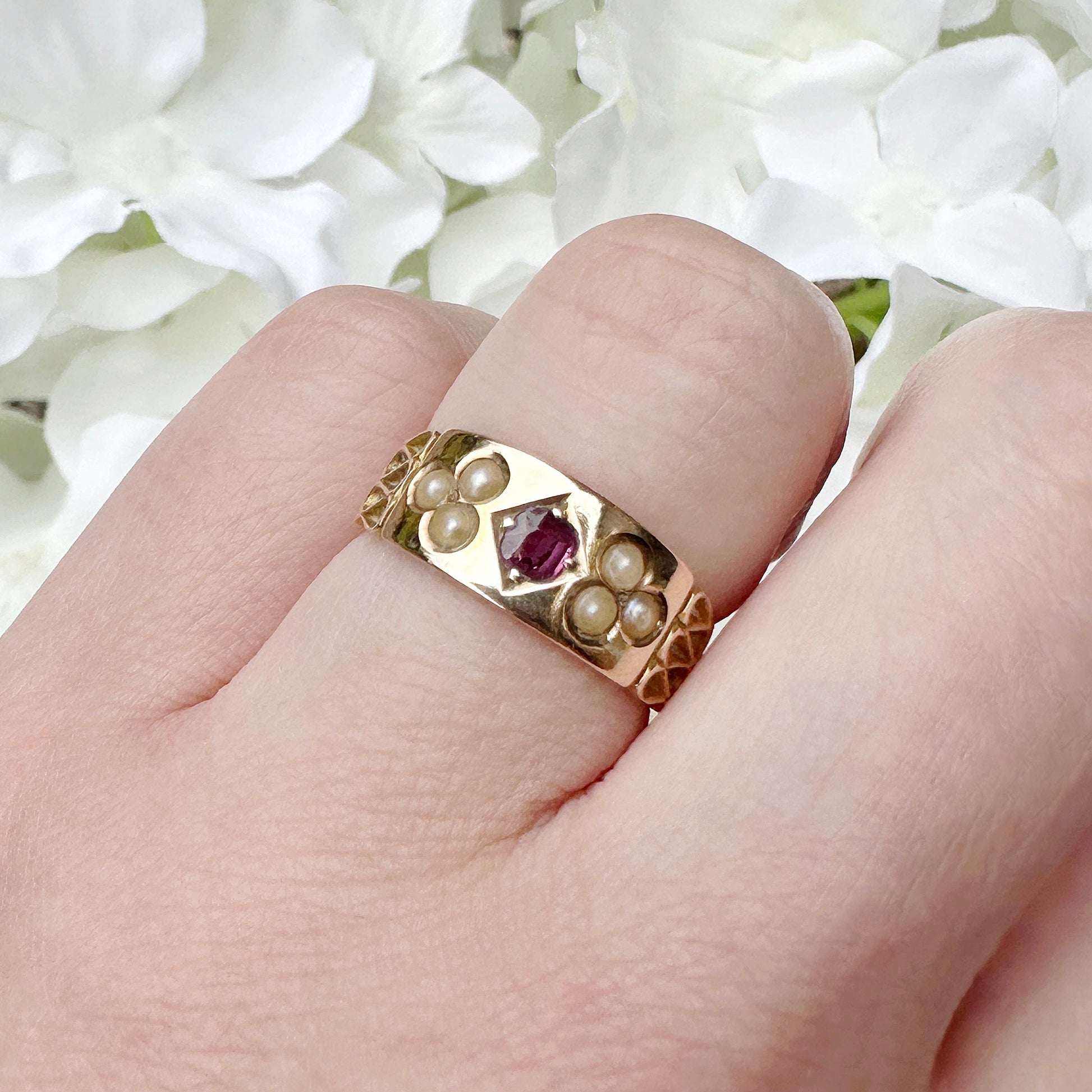 15ct gold ruby and seed pearl antique ring